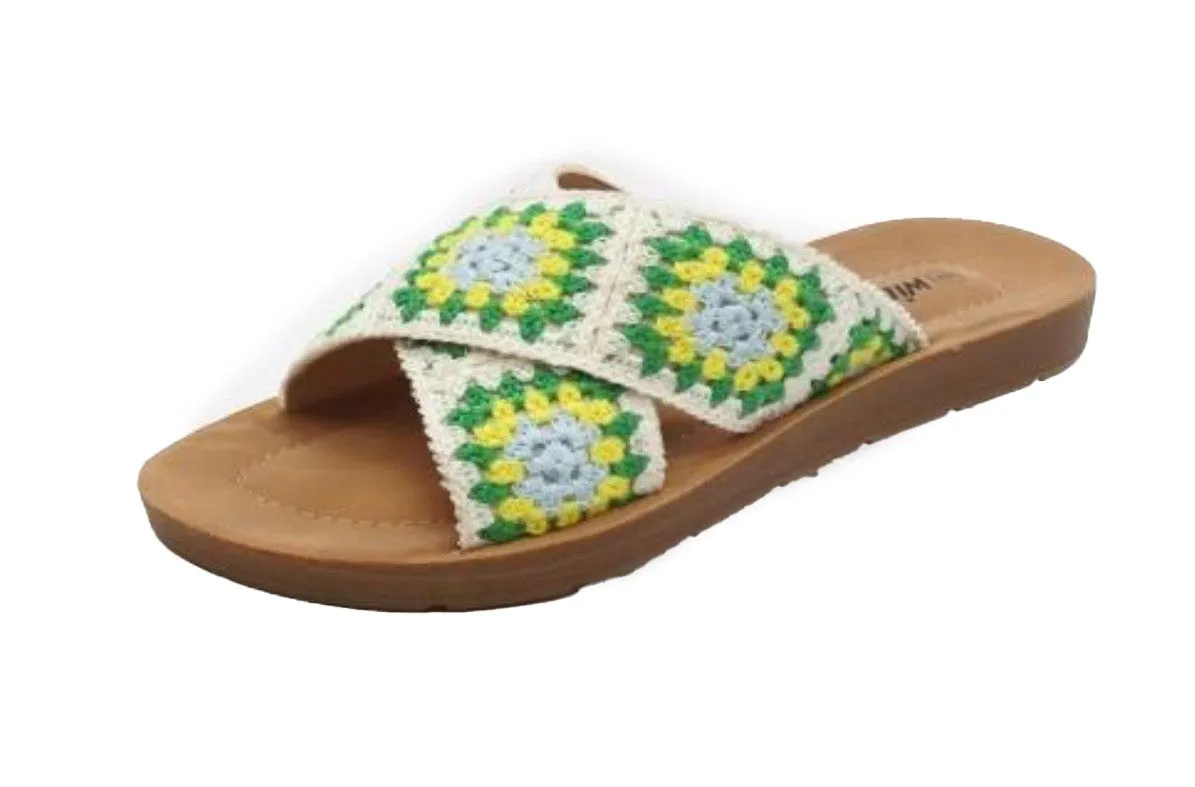 POLABUR-137/2025 White Multi - - White Multicolored Crochet Sandal - Open Toe - Criss Cross Straps - Slip-On Slide - Whole Sizes Only