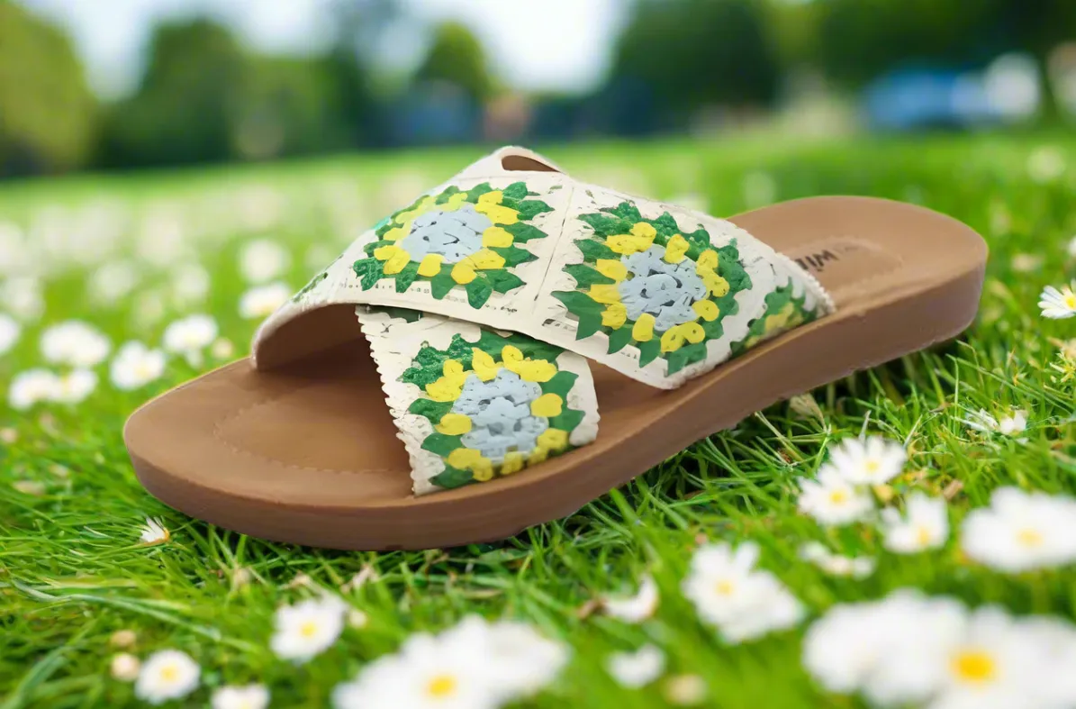 POLABUR-137/2025 White Multi - - White Multicolored Crochet Sandal - Open Toe - Criss Cross Straps - Slip-On Slide - Whole Sizes Only