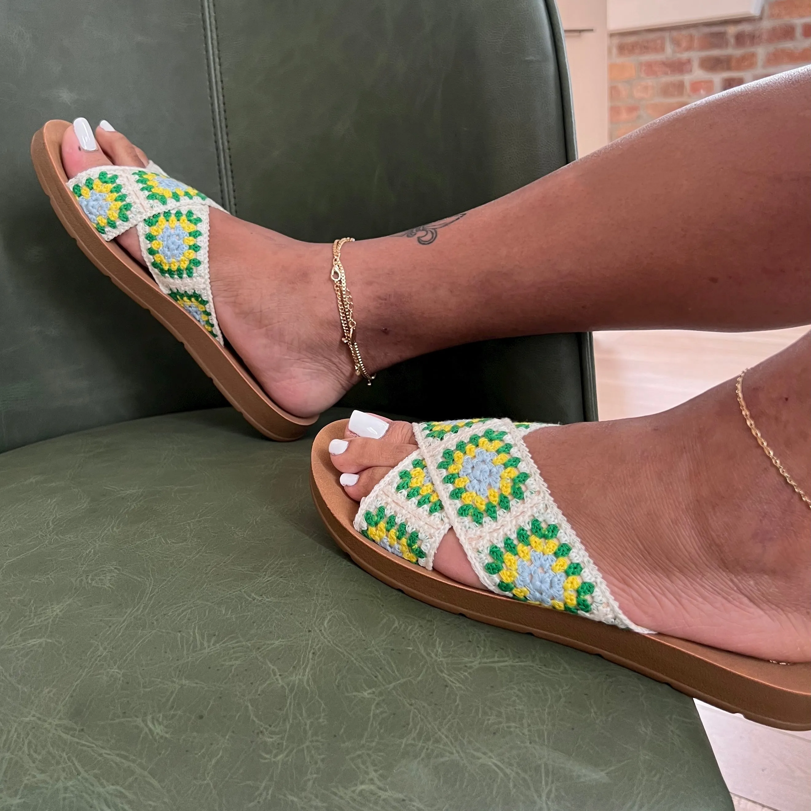 POLABUR-137/2025 White Multi - - White Multicolored Crochet Sandal - Open Toe - Criss Cross Straps - Slip-On Slide - Whole Sizes Only