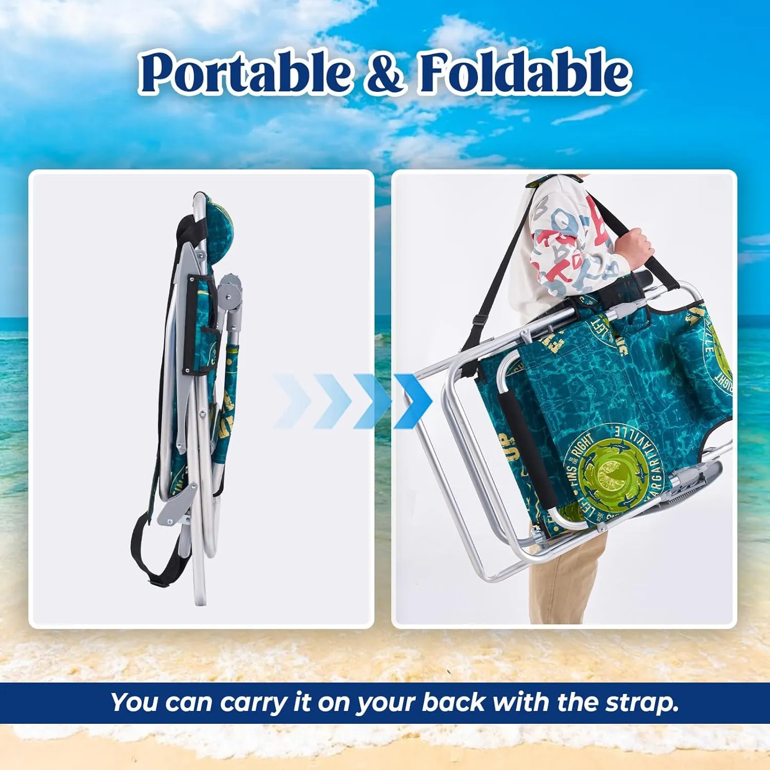 Portable Camping Beach Chair for Adults, Outdoor Lay Flat Beach Lounge Chair Folding Chairs with Footrest, Backpack Chair with Towel Bar, Cooler Pouch, Cup Holder, Geometric Green