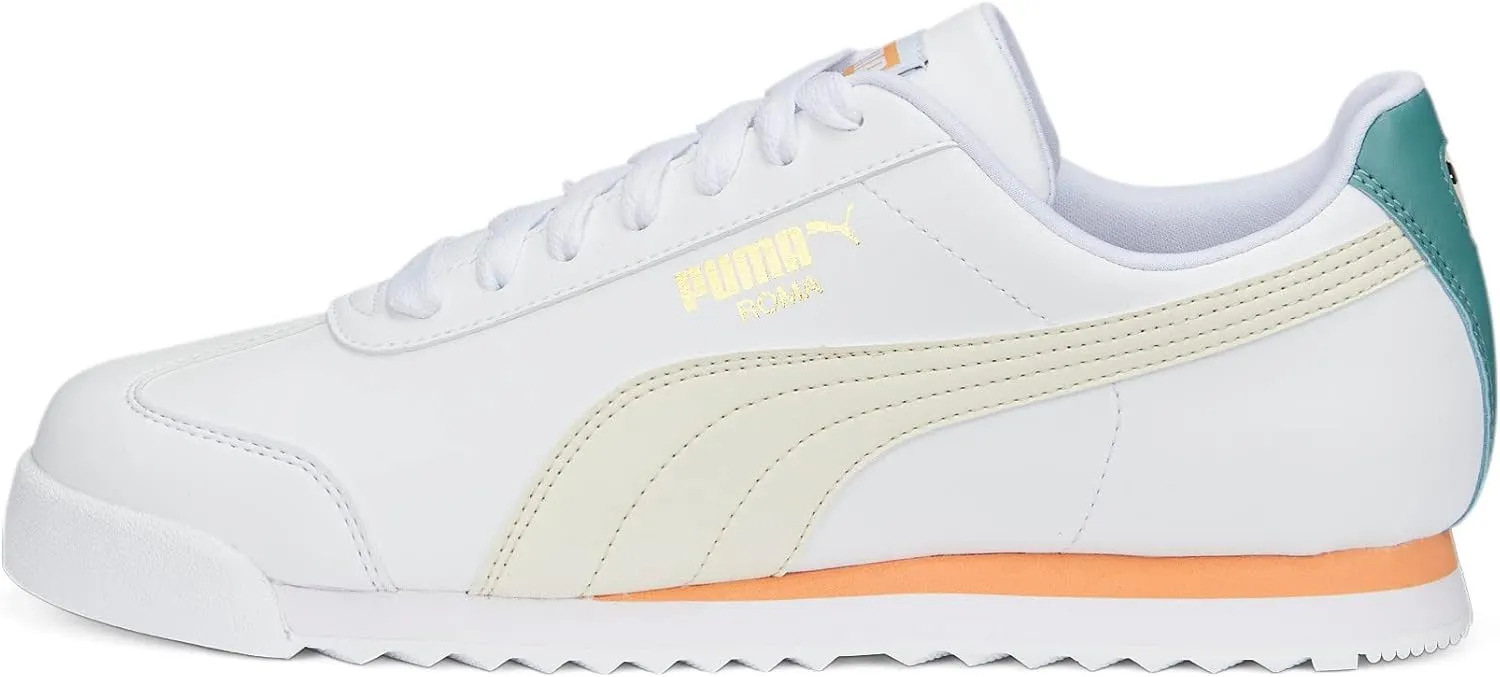 PUMA Men's Roma Sneaker, Basic  Pristine White-Orange Peach, 8