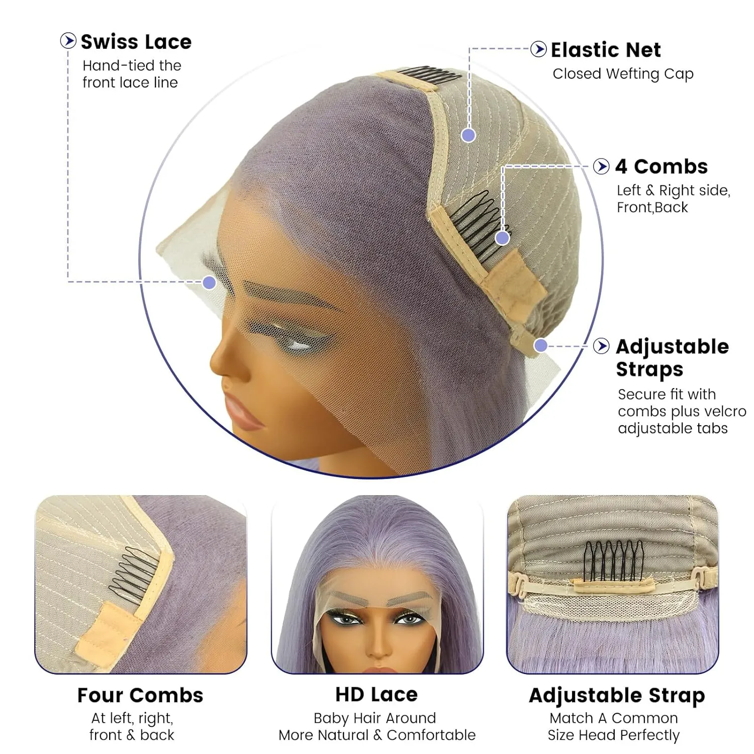 Purple Lace Front Human Hair Wig Purple Straight 13x4 Lace Front Wigs Human Hair with Baby Hair 180% Density for Daily Cosplay Party Holiday Wigs(30inches)