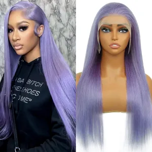 Purple Lace Front Human Hair Wig Purple Straight 13x4 Lace Front Wigs Human Hair with Baby Hair 180% Density for Daily Cosplay Party Holiday Wigs(30inches)