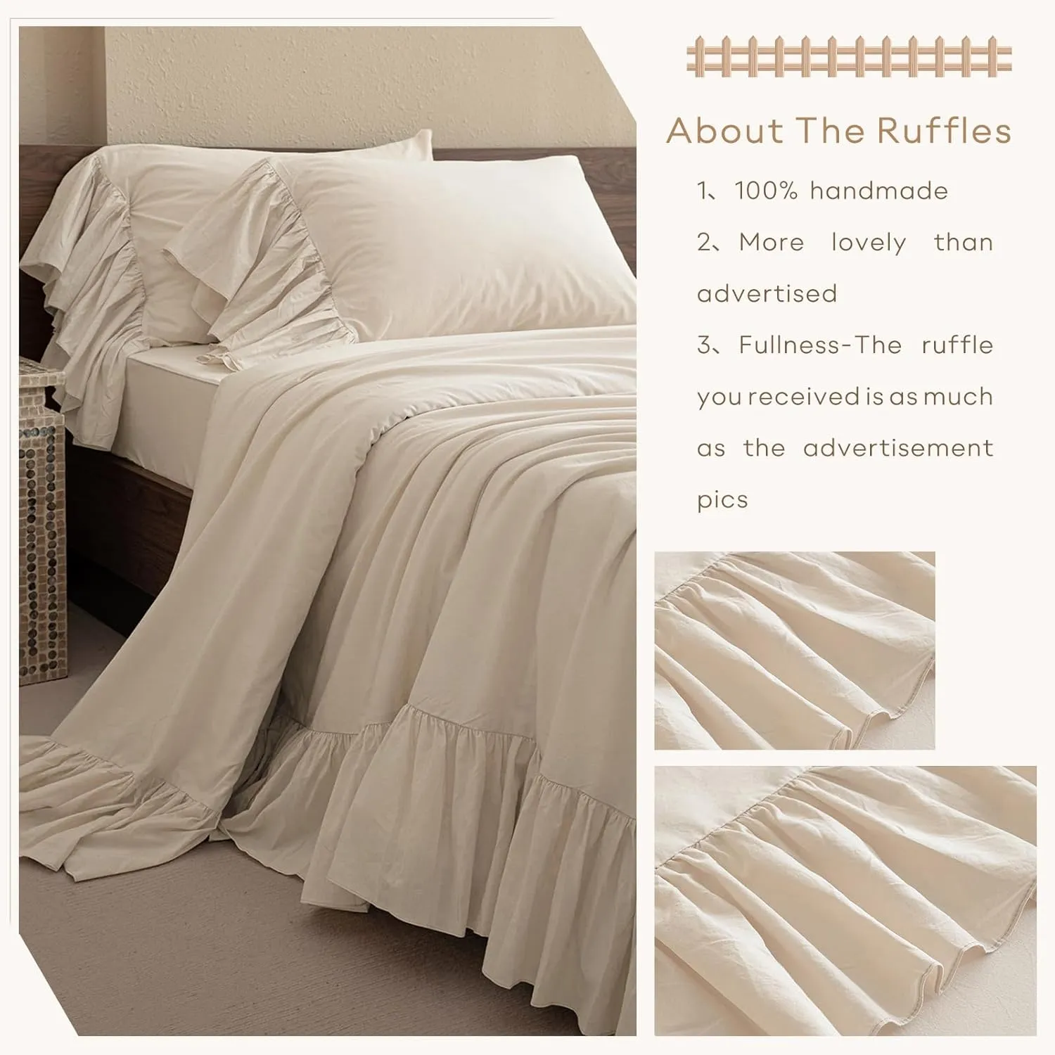 QSH 100% Cotton Queen Sheet Set, Ruffle Bed Sheets Wheat Farmhouse Shabby Vintage Chic Bedding 3 Pieces Aesthetic French Country Queen Bed Set Soft Breathable