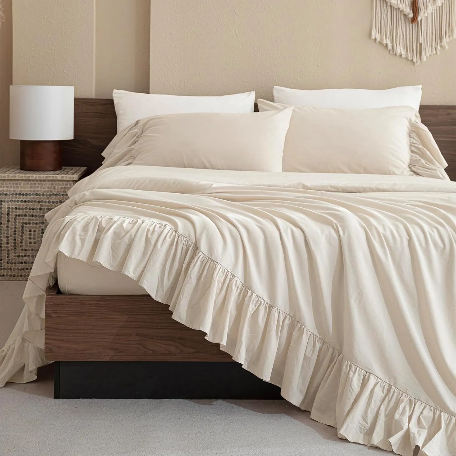 QSH 100% Cotton Queen Sheet Set, Ruffle Bed Sheets Wheat Farmhouse Shabby Vintage Chic Bedding 3 Pieces Aesthetic French Country Queen Bed Set Soft Breathable