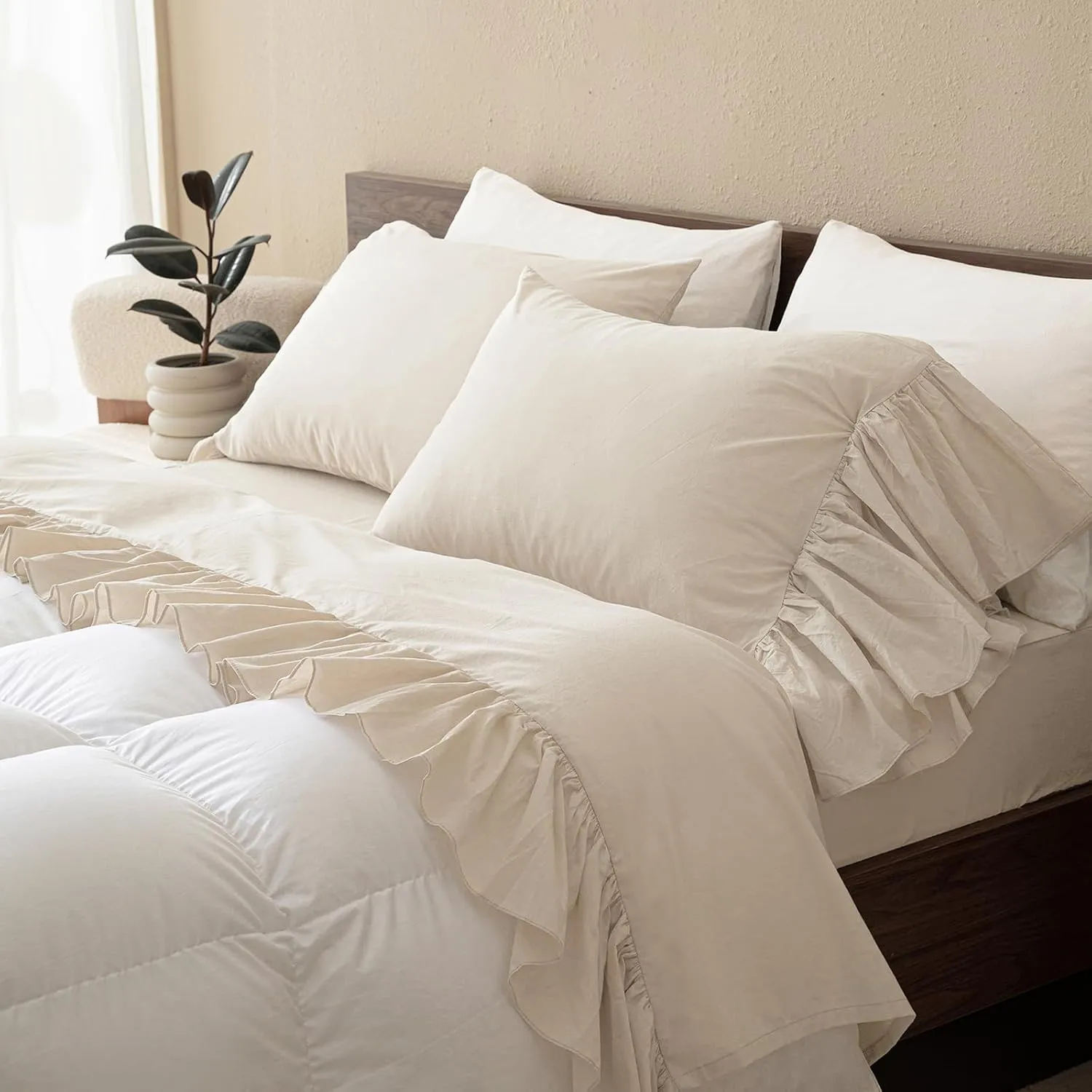 QSH 100% Cotton Queen Sheet Set, Ruffle Bed Sheets Wheat Farmhouse Shabby Vintage Chic Bedding 3 Pieces Aesthetic French Country Queen Bed Set Soft Breathable