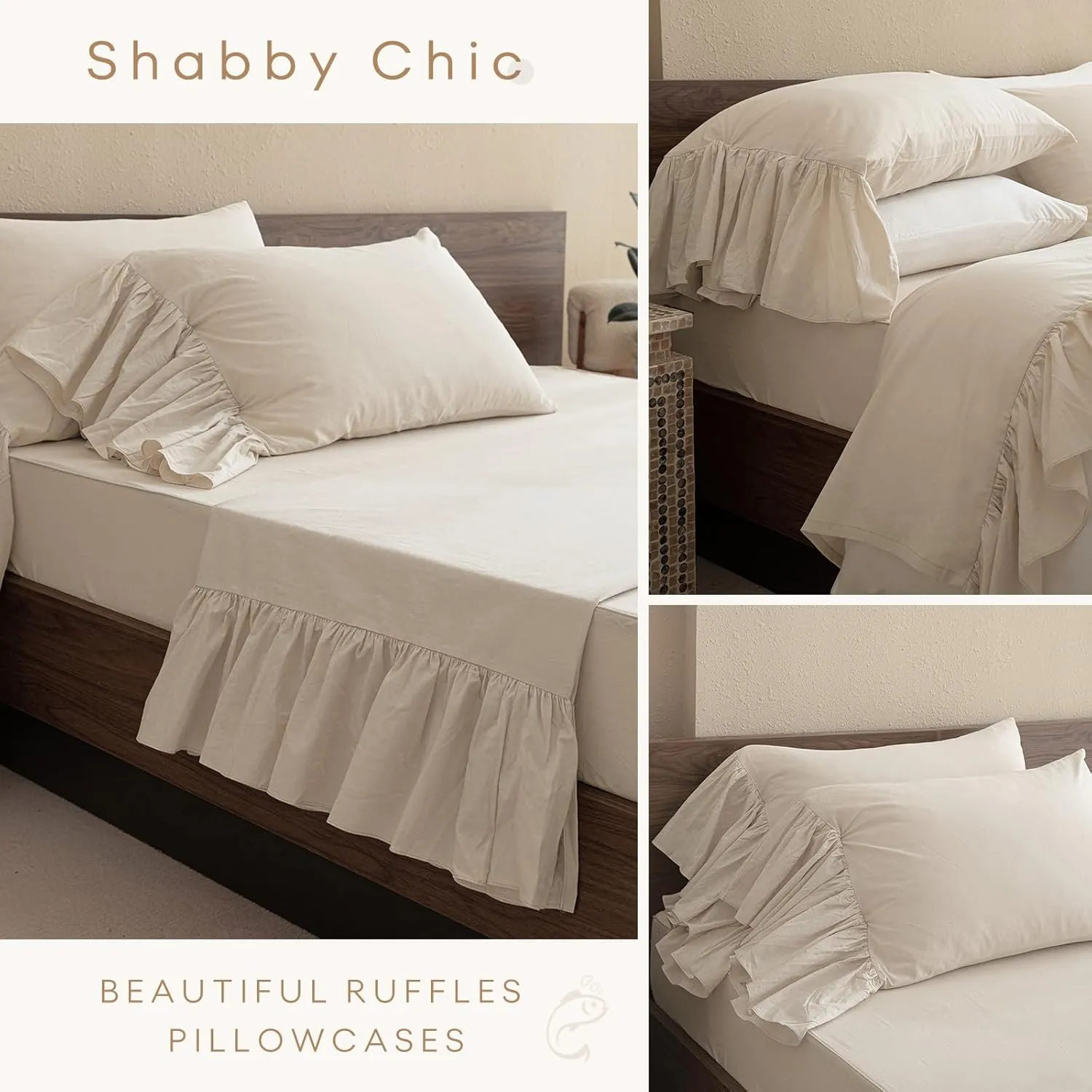 QSH 100% Cotton Queen Sheet Set, Ruffle Bed Sheets Wheat Farmhouse Shabby Vintage Chic Bedding 3 Pieces Aesthetic French Country Queen Bed Set Soft Breathable