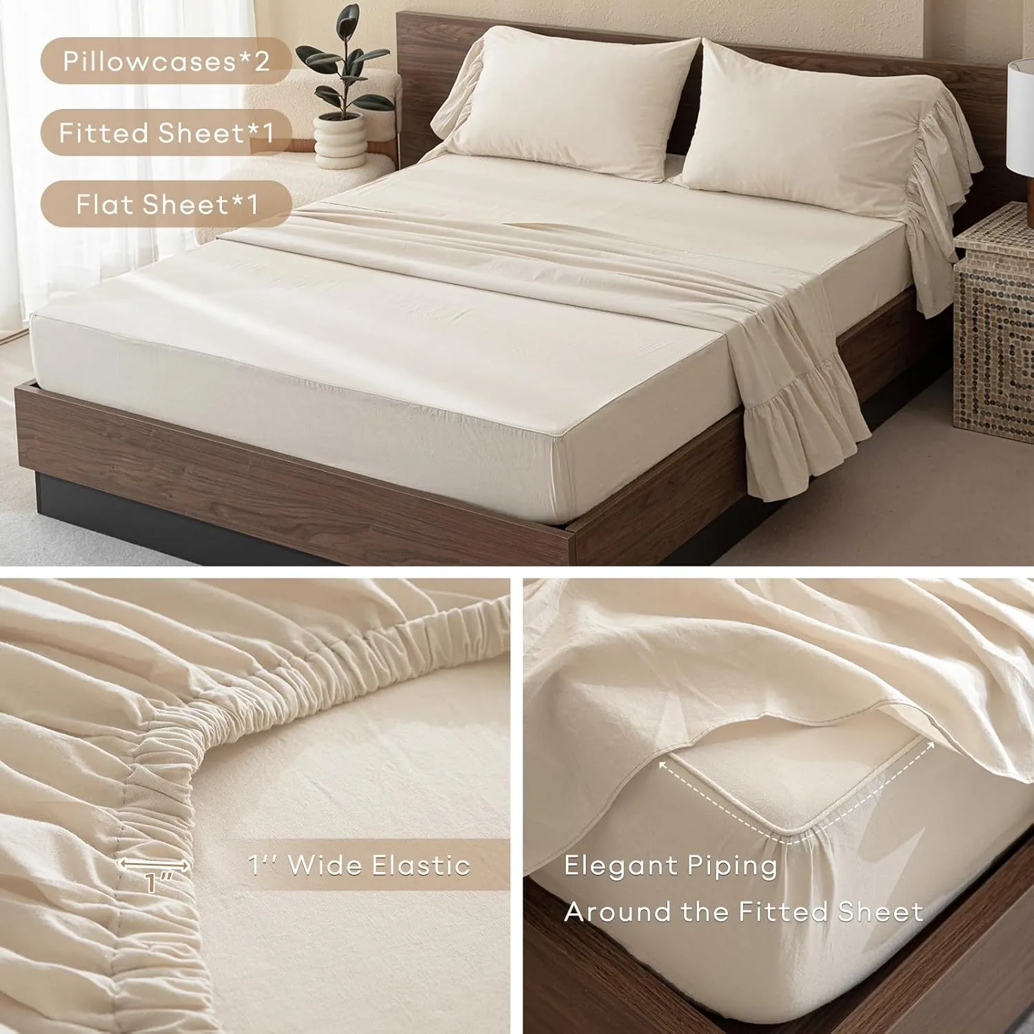 QSH 100% Cotton Queen Sheet Set, Ruffle Bed Sheets Wheat Farmhouse Shabby Vintage Chic Bedding 3 Pieces Aesthetic French Country Queen Bed Set Soft Breathable