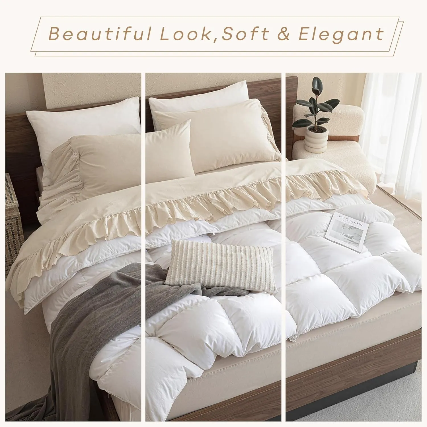 QSH 100% Cotton Queen Sheet Set, Ruffle Bed Sheets Wheat Farmhouse Shabby Vintage Chic Bedding 3 Pieces Aesthetic French Country Queen Bed Set Soft Breathable