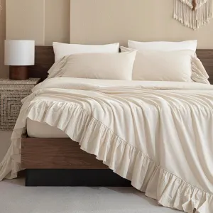 QSH 100% Cotton Queen Sheet Set, Ruffle Bed Sheets Wheat Farmhouse Shabby Vintage Chic Bedding 3 Pieces Aesthetic French Country Queen Bed Set Soft Breathable