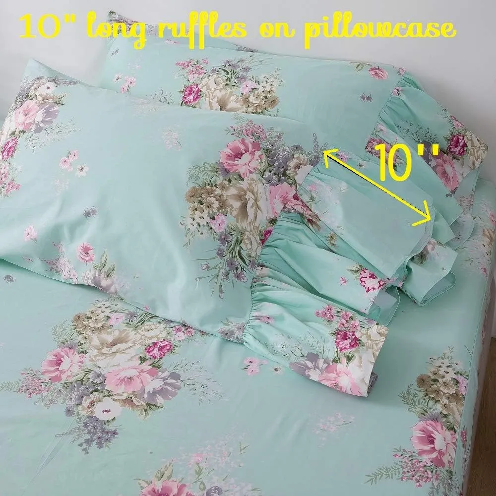 Queen's House 4-Piece French Country Green Bed Sheet Sets Cotton Queen Size-Style K