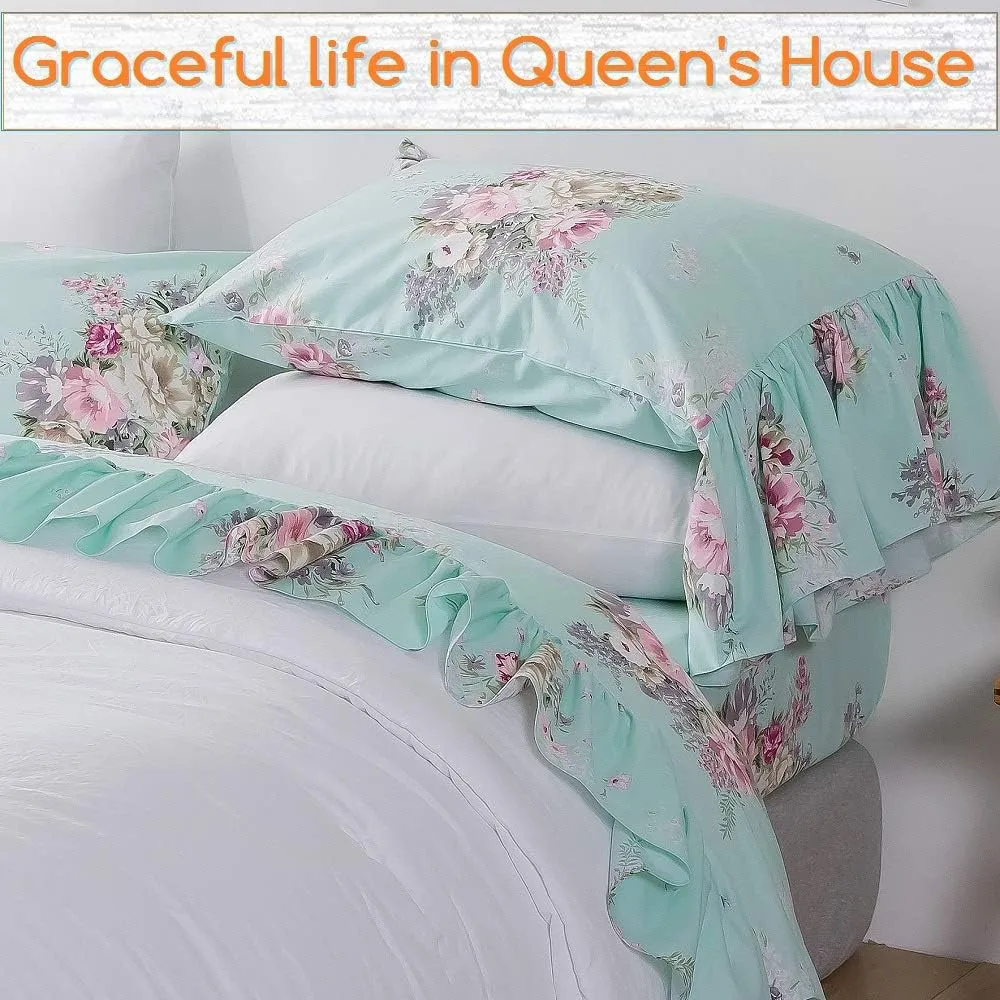 Queen's House 4-Piece French Country Green Bed Sheet Sets Cotton Queen Size-Style K
