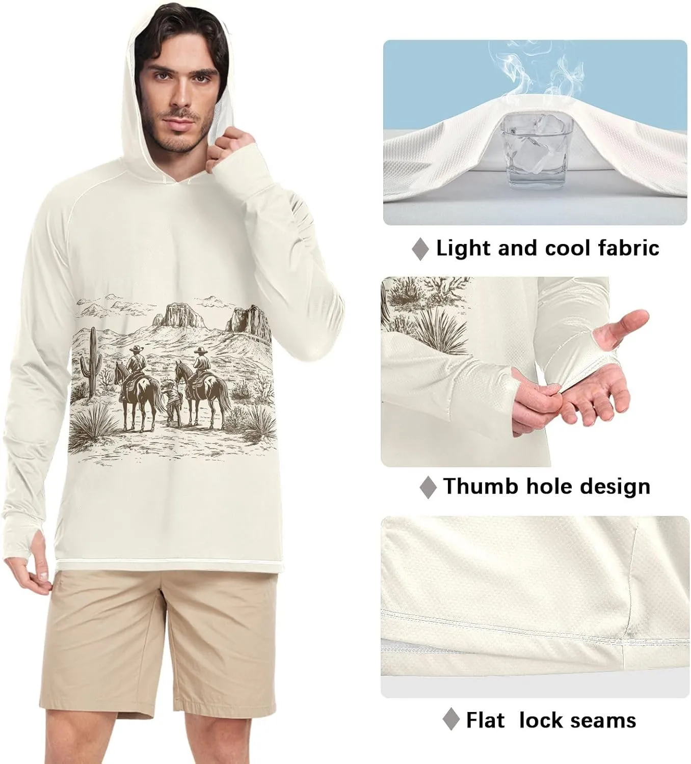 Retro Cowboys in The Desert Men Sun Protection Hoodies Long Sleeve Fishing Shirt UPF 50 