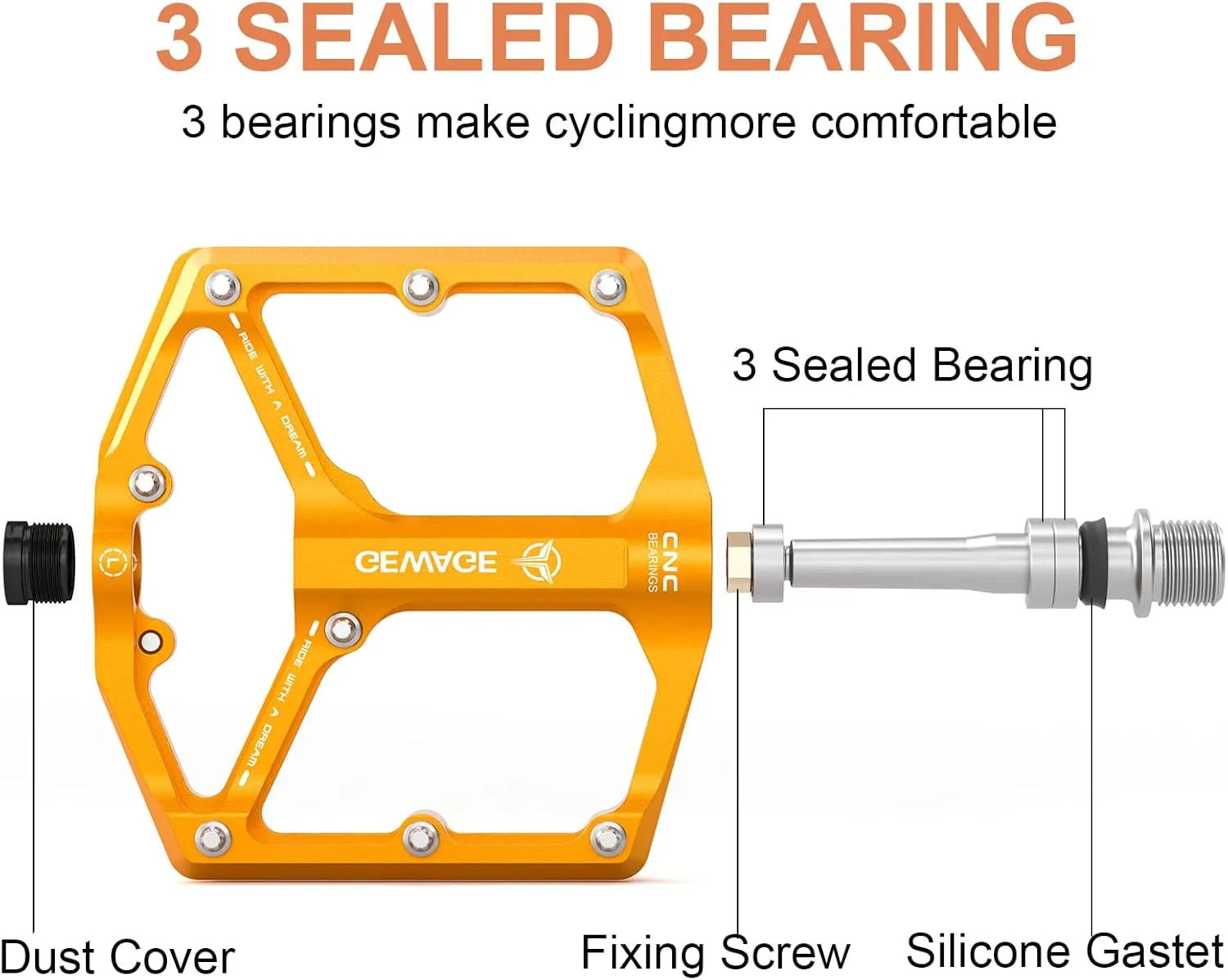 Road/Mountain Bike Pedals - 3 Bearings Bicycle Pedals - 9/16” CNC Machined Flat Pedals with Removable Anti-Skid Nails