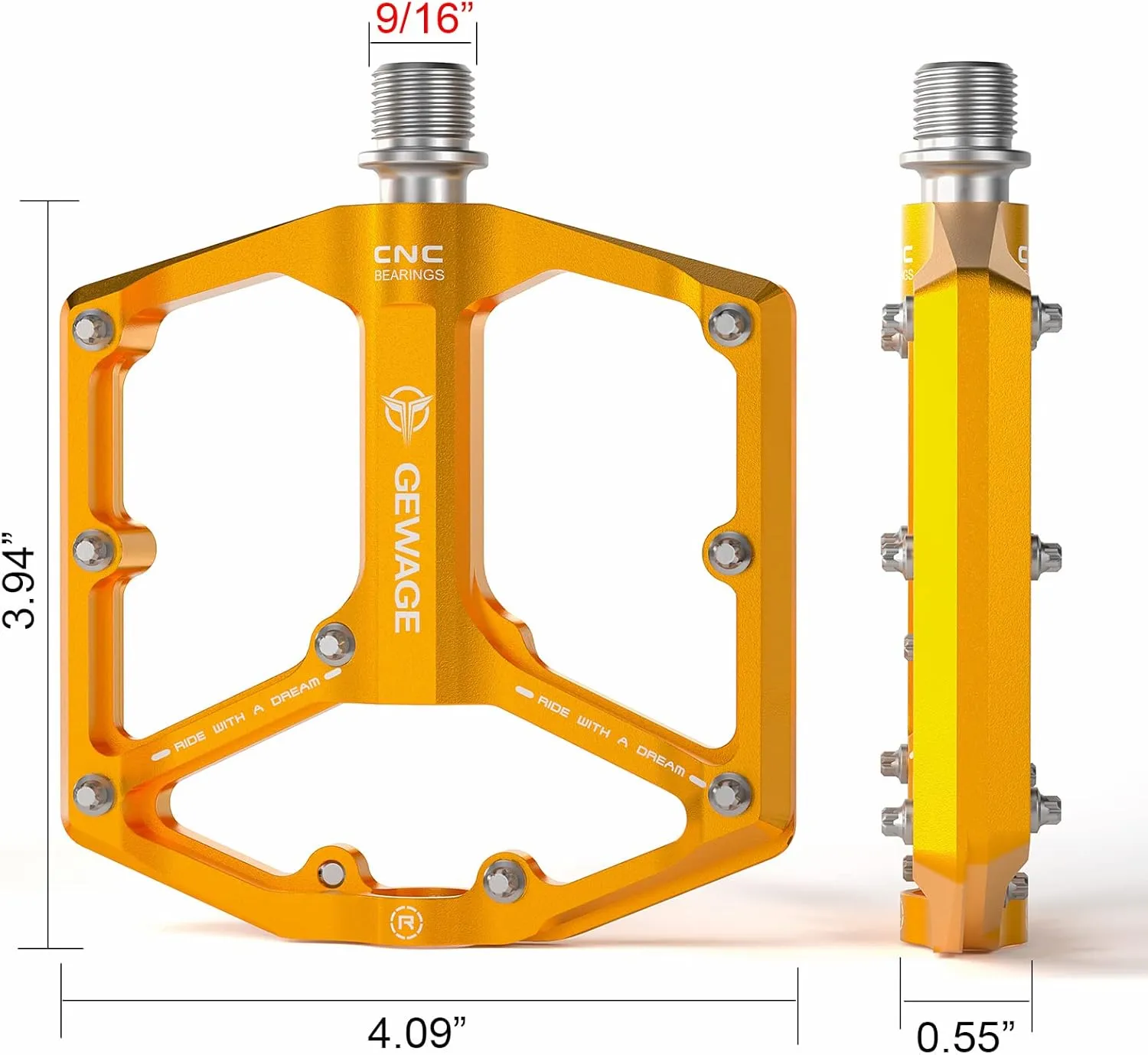 Road/Mountain Bike Pedals - 3 Bearings Bicycle Pedals - 9/16” CNC Machined Flat Pedals with Removable Anti-Skid Nails