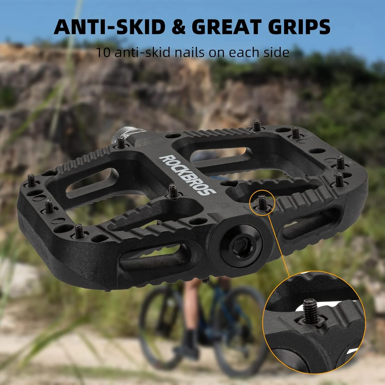 Rock BROS Mountain Bike Pedals Nylon Composite Bearing 9/16" MTB Bicycle Pedals with Wide Flat Platform