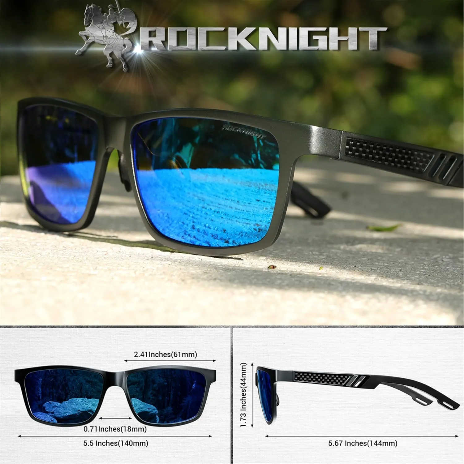 ROCKNIGHT HD Driving Sunglasses Men Polarized UV Protection Al-Mg Metal Frame Lightweight Flat Lens Hiking Fishing