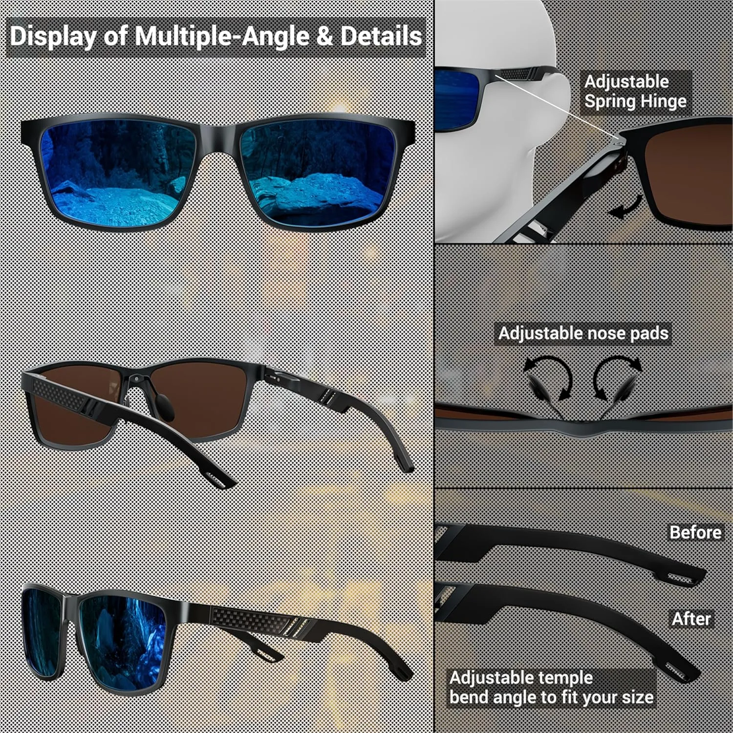 ROCKNIGHT HD Driving Sunglasses Men Polarized UV Protection Al-Mg Metal Frame Lightweight Flat Lens Hiking Fishing