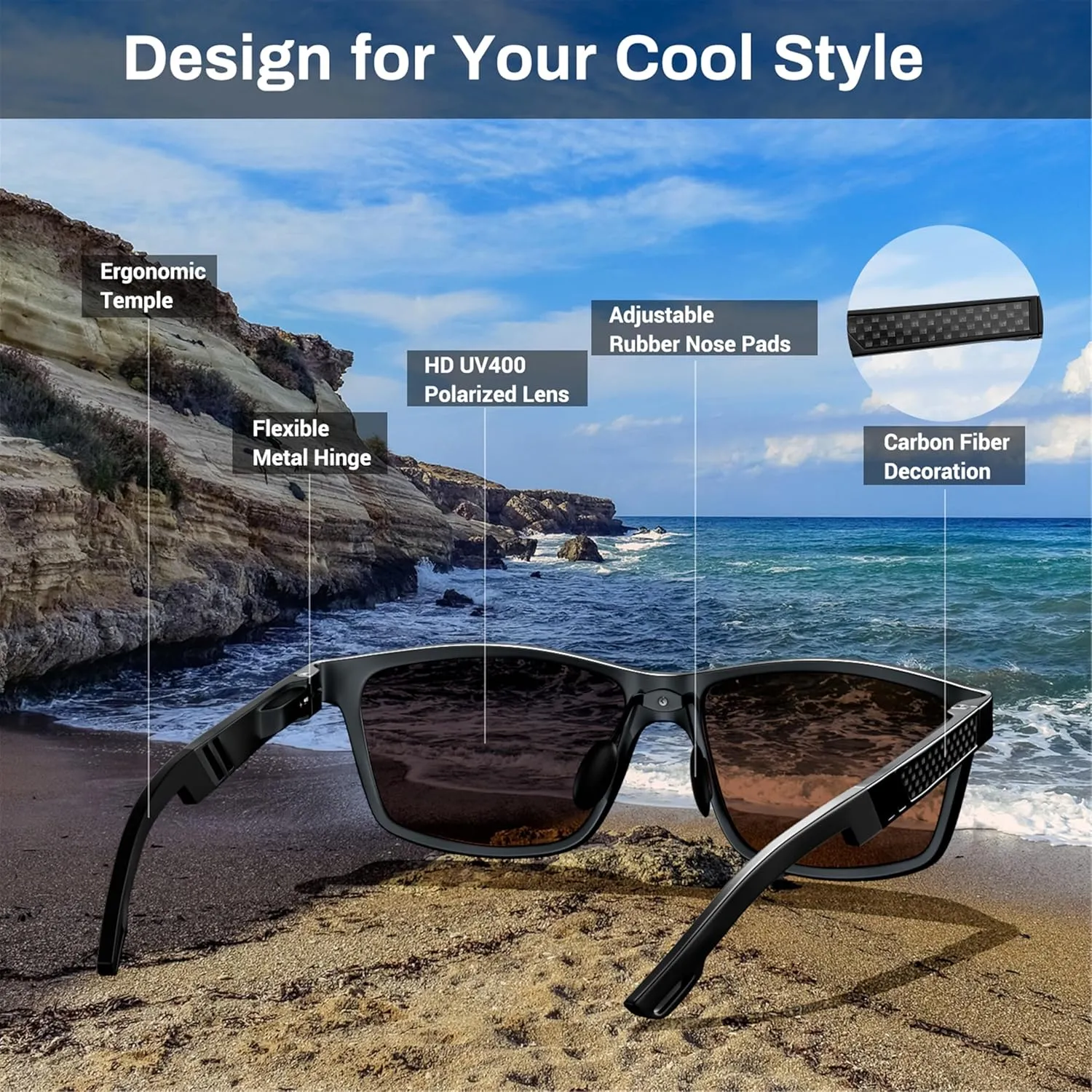 ROCKNIGHT HD Driving Sunglasses Men Polarized UV Protection Al-Mg Metal Frame Lightweight Flat Lens Hiking Fishing