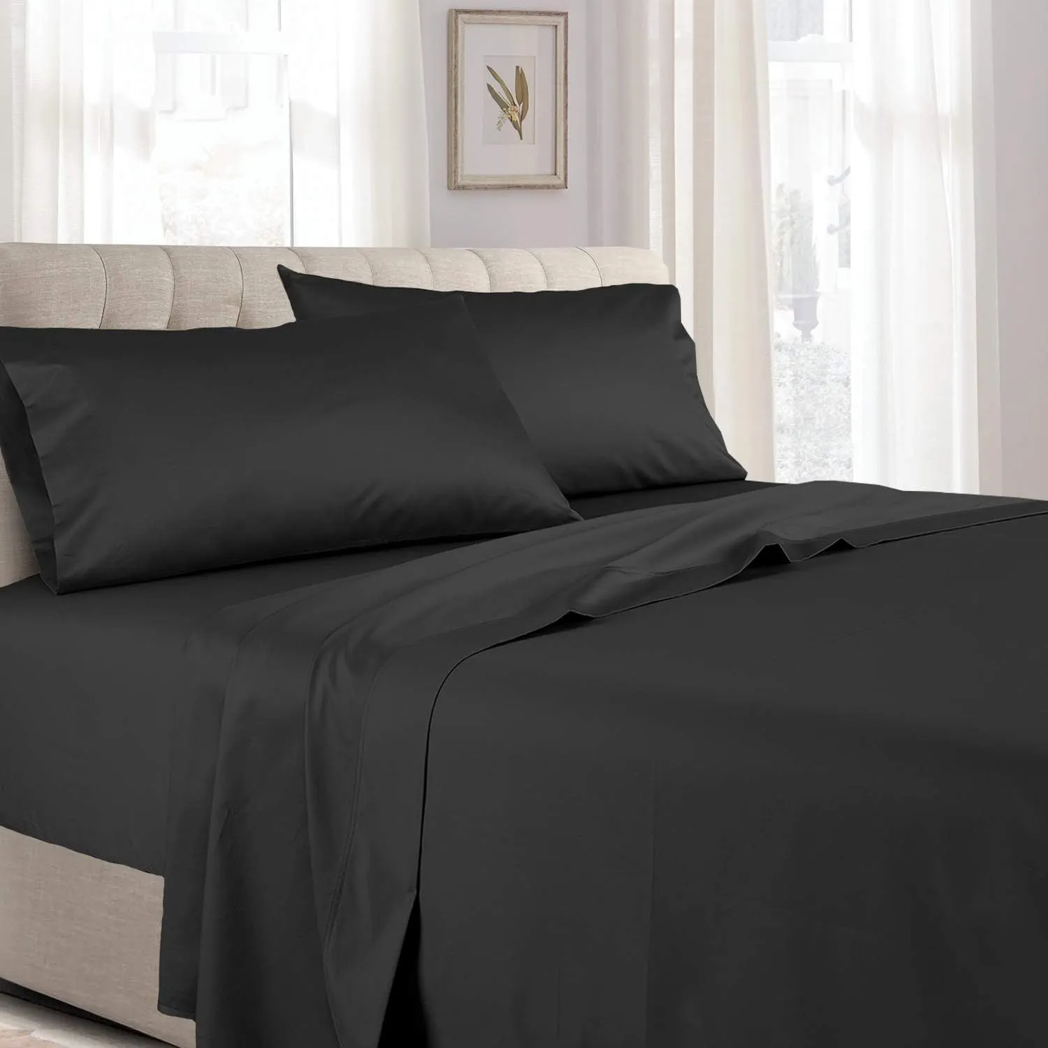 Royal Tradition 22-Inch Extra Deep Pocket, 100% Cotton Sateen- 340tc Bed Sheets Set (Queen, Solid Black)