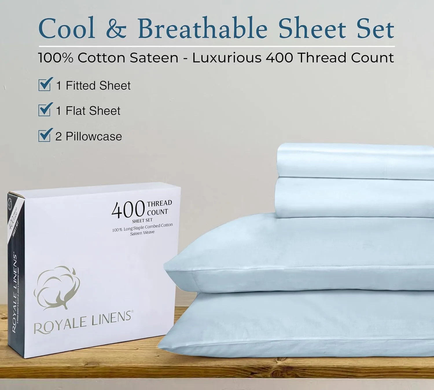 ROYALE LINENS 400 Thread Count 100% American Grown Cotton 4 Piece Sateen Full Sheet Set - 1 Fitted, 1 Flat Sheet, 2 Pillow case - Blue Bedsheet Set - Cooling Cotton Sheets - (Full, Caribbean Blue)