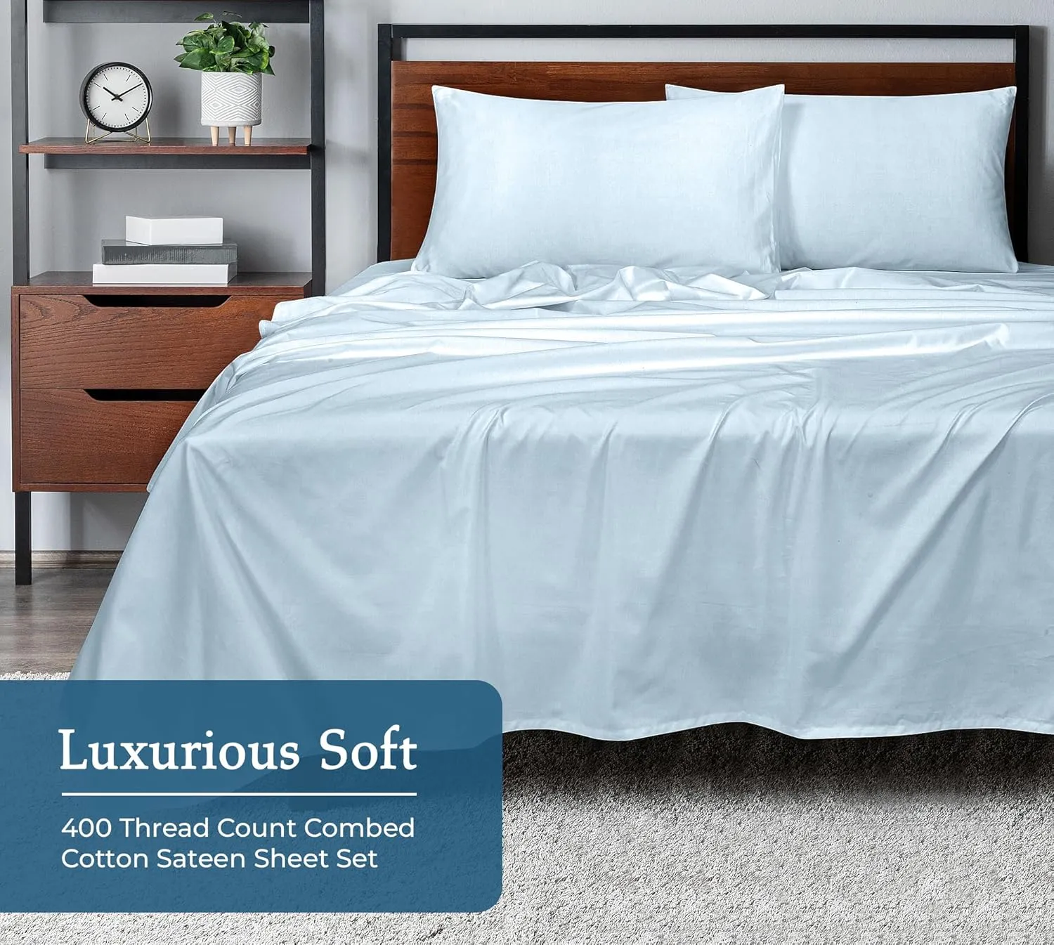 ROYALE LINENS 400 Thread Count 100% American Grown Cotton 4 Piece Sateen Full Sheet Set - 1 Fitted, 1 Flat Sheet, 2 Pillow case - Blue Bedsheet Set - Cooling Cotton Sheets - (Full, Caribbean Blue)
