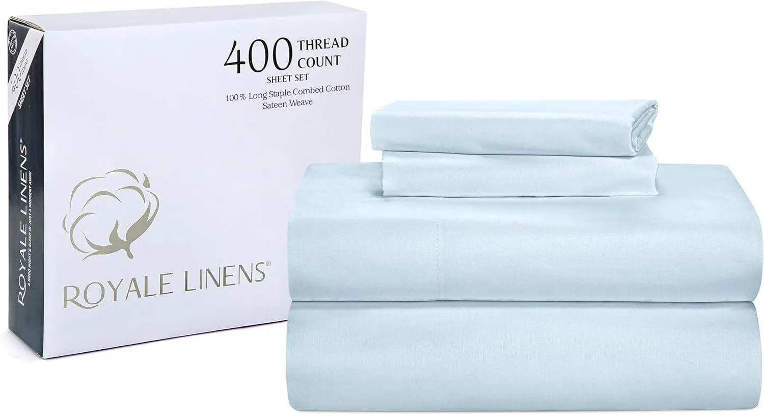 ROYALE LINENS 400 Thread Count 100% American Grown Cotton 4 Piece Sateen Full Sheet Set - 1 Fitted, 1 Flat Sheet, 2 Pillow case - Blue Bedsheet Set - Cooling Cotton Sheets - (Full, Caribbean Blue)