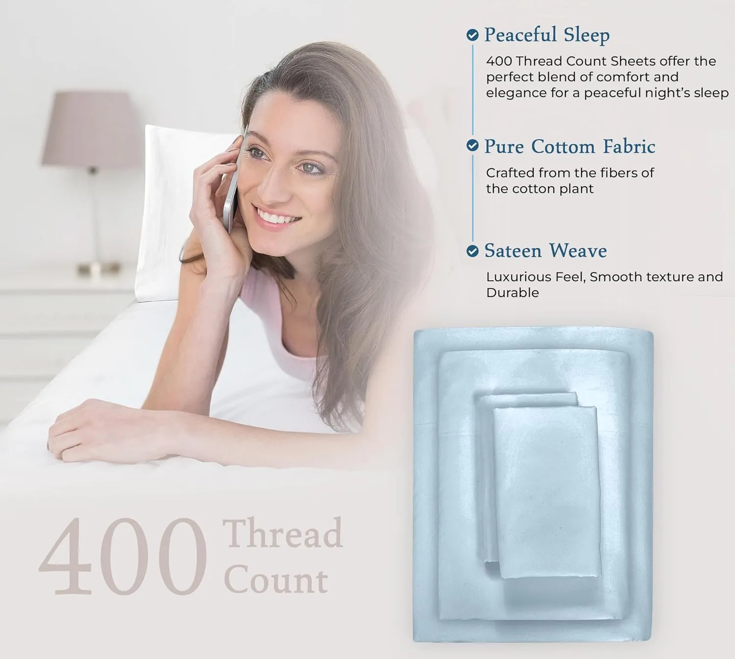 ROYALE LINENS 400 Thread Count 100% American Grown Cotton 4 Piece Sateen Full Sheet Set - 1 Fitted, 1 Flat Sheet, 2 Pillow case - Blue Bedsheet Set - Cooling Cotton Sheets - (Full, Caribbean Blue)