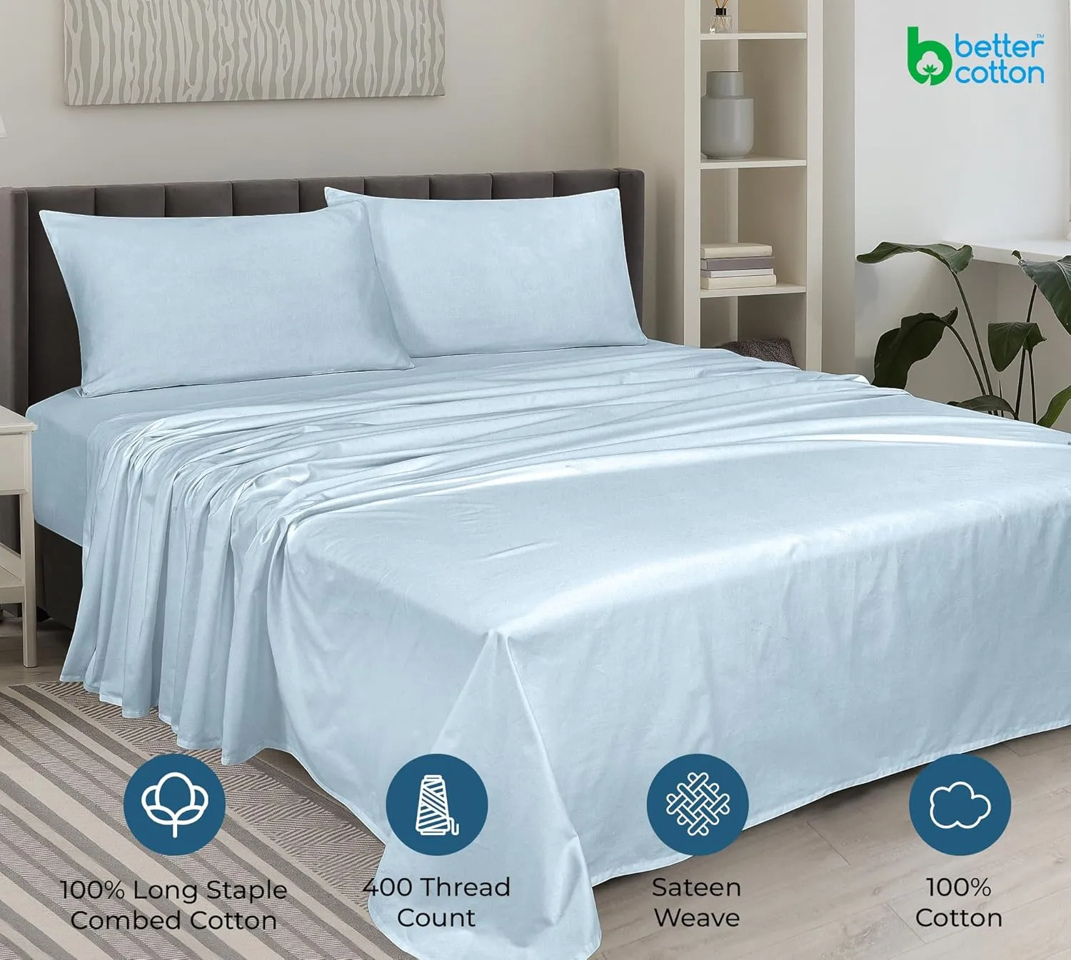 ROYALE LINENS 400 Thread Count 100% American Grown Cotton 4 Piece Sateen Full Sheet Set - 1 Fitted, 1 Flat Sheet, 2 Pillow case - Blue Bedsheet Set - Cooling Cotton Sheets - (Full, Caribbean Blue)