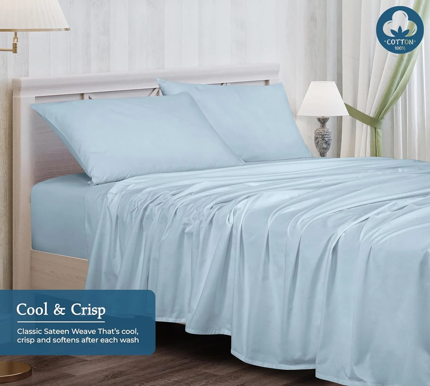 ROYALE LINENS 400 Thread Count 100% American Grown Cotton 4 Piece Sateen Full Sheet Set - 1 Fitted, 1 Flat Sheet, 2 Pillow case - Blue Bedsheet Set - Cooling Cotton Sheets - (Full, Caribbean Blue)