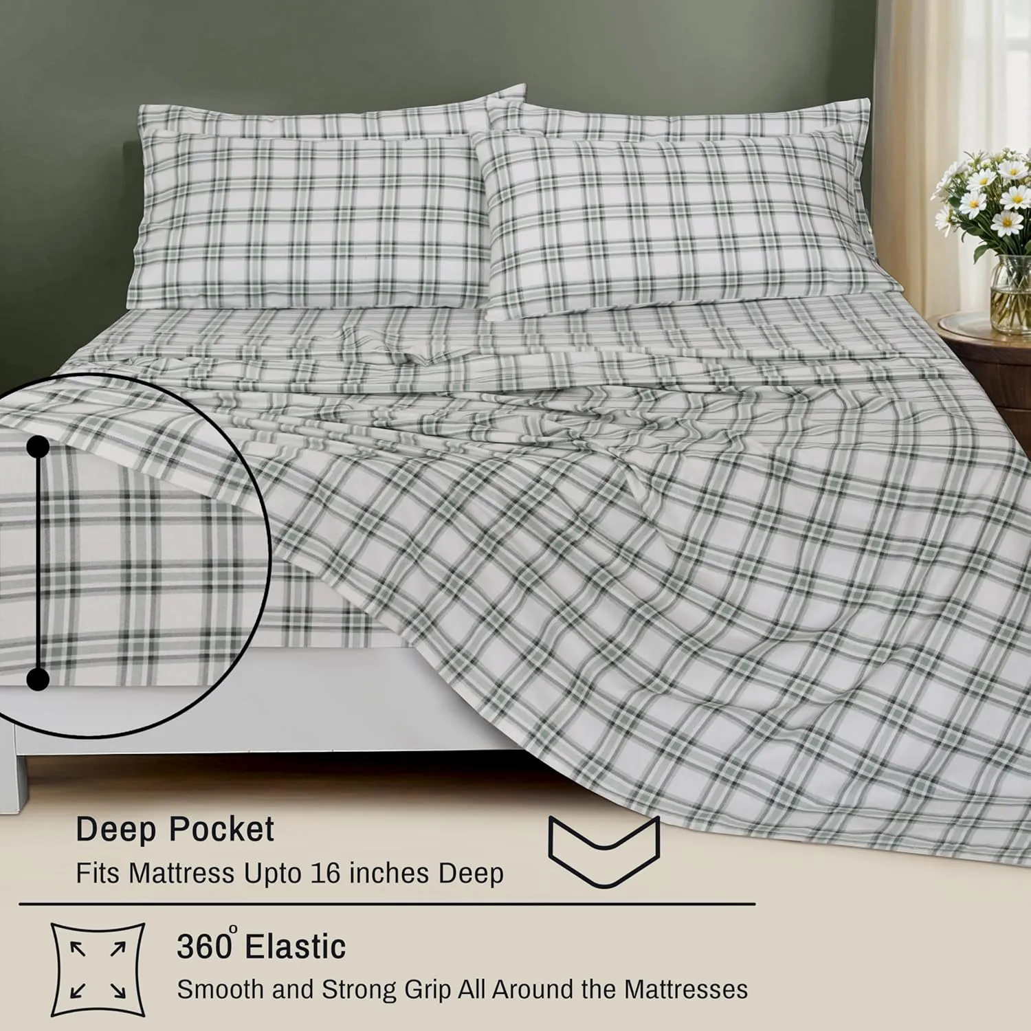 RUVANTI Flannel Sheets Full Size 6 Pcs - 100% Cotton Double Brushed Bed Sheets, Deep Pockets 16 Inches, All Seasons Breathable, Extra Soft & Comfy Full Size Sheets Set, Cadet