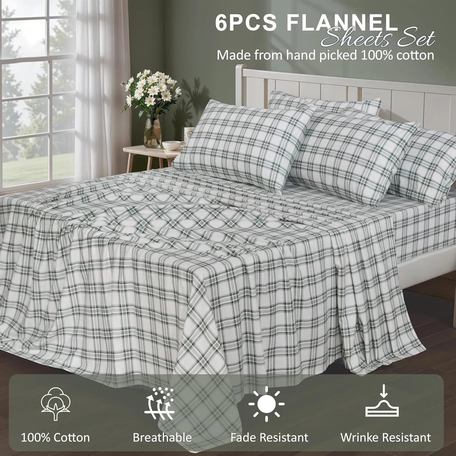 RUVANTI Flannel Sheets Full Size 6 Pcs - 100% Cotton Double Brushed Bed Sheets, Deep Pockets 16 Inches, All Seasons Breathable, Extra Soft & Comfy Full Size Sheets Set, Cadet