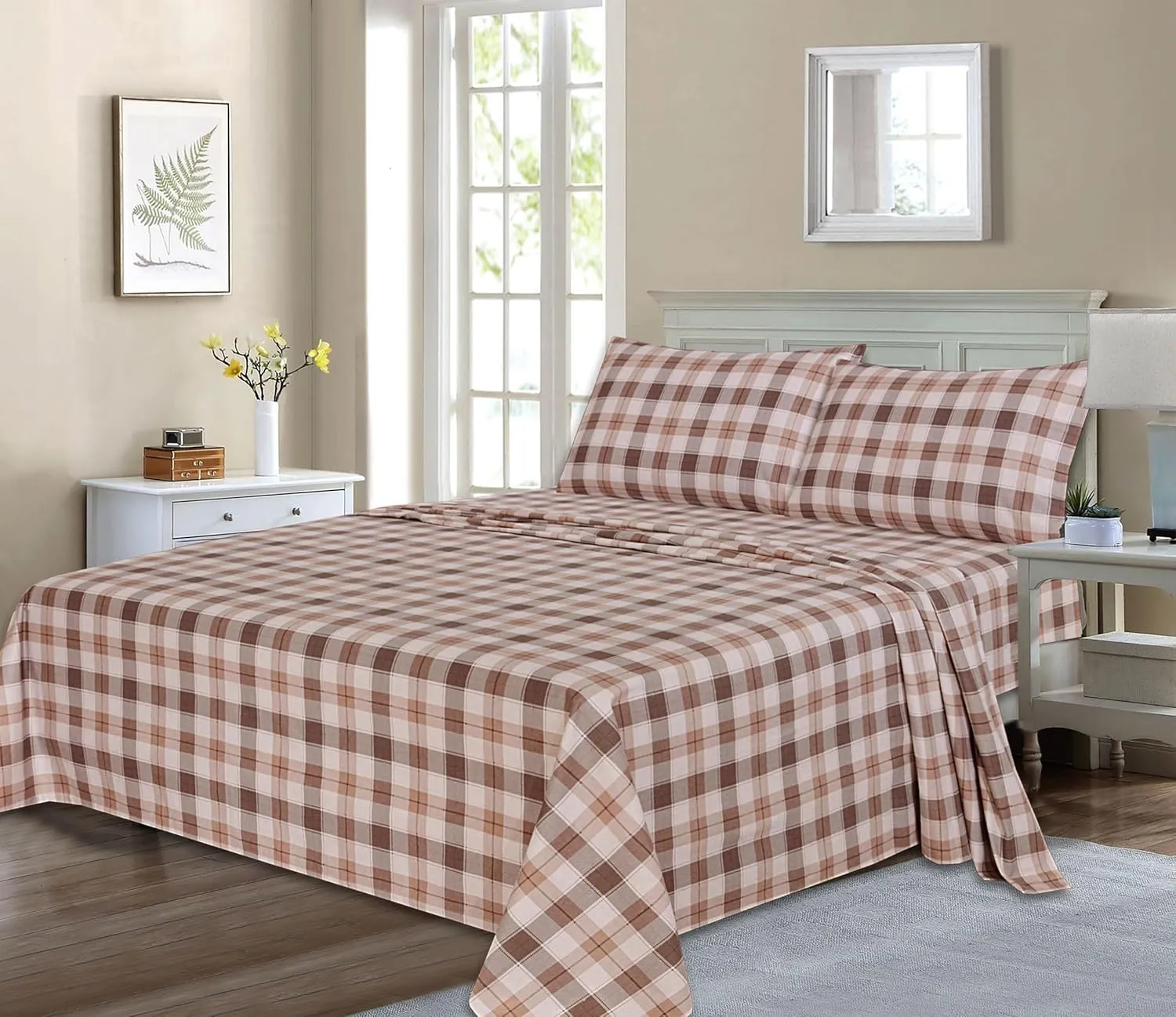 RUVANTI Flannel Sheets Queen Size - 100% Cotton Double Brushed Bed Sheets, Deep Pockets 16 Inches Queen Sheet Set, All Seasons Breathable & Extra Soft - Warm & Cozy, 4 Piece, Beige & Grey Plaid
