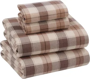 RUVANTI Flannel Sheets Queen Size - 100% Cotton Double Brushed Bed Sheets, Deep Pockets 16 Inches Queen Sheet Set, All Seasons Breathable & Extra Soft - Warm & Cozy, 4 Piece, Beige & Grey Plaid