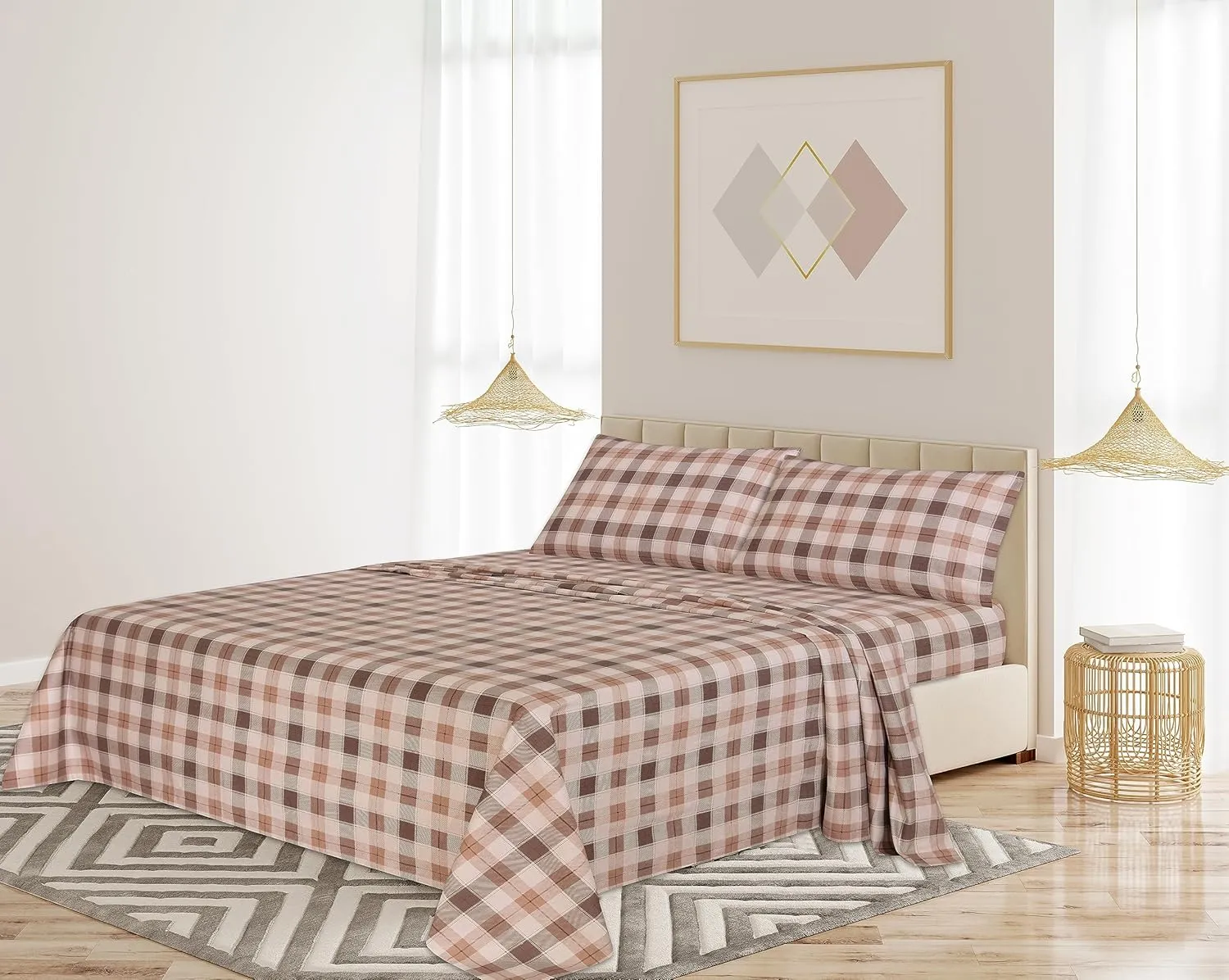 RUVANTI Flannel Sheets Queen Size - 100% Cotton Double Brushed Bed Sheets, Deep Pockets 16 Inches Queen Sheet Set, All Seasons Breathable & Extra Soft - Warm & Cozy, 4 Piece, Beige & Grey Plaid