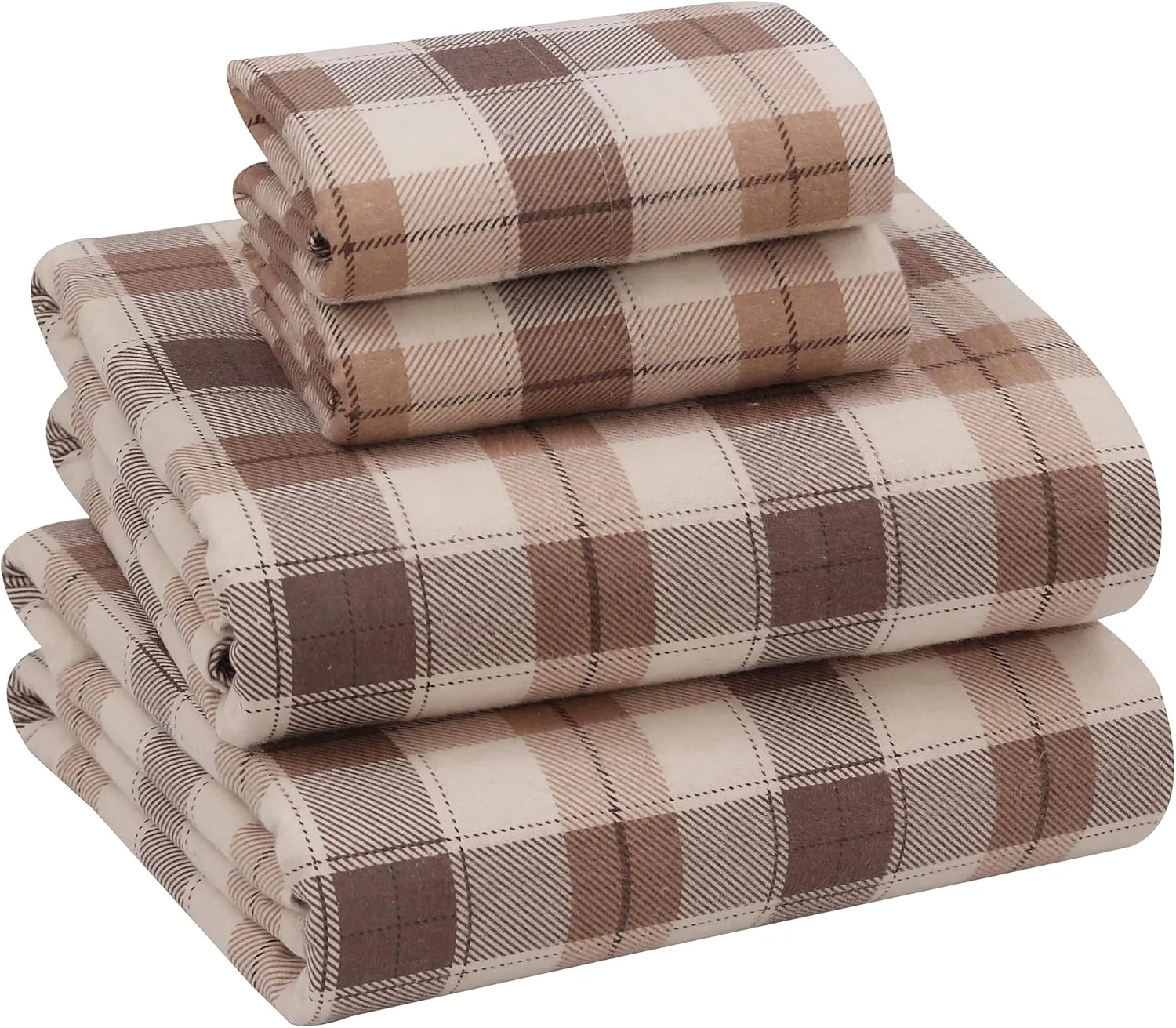 RUVANTI Flannel Sheets Queen Size - 100% Cotton Double Brushed Bed Sheets, Deep Pockets 16 Inches Queen Sheet Set, All Seasons Breathable & Extra Soft - Warm & Cozy, 4 Piece, Beige & Grey Plaid