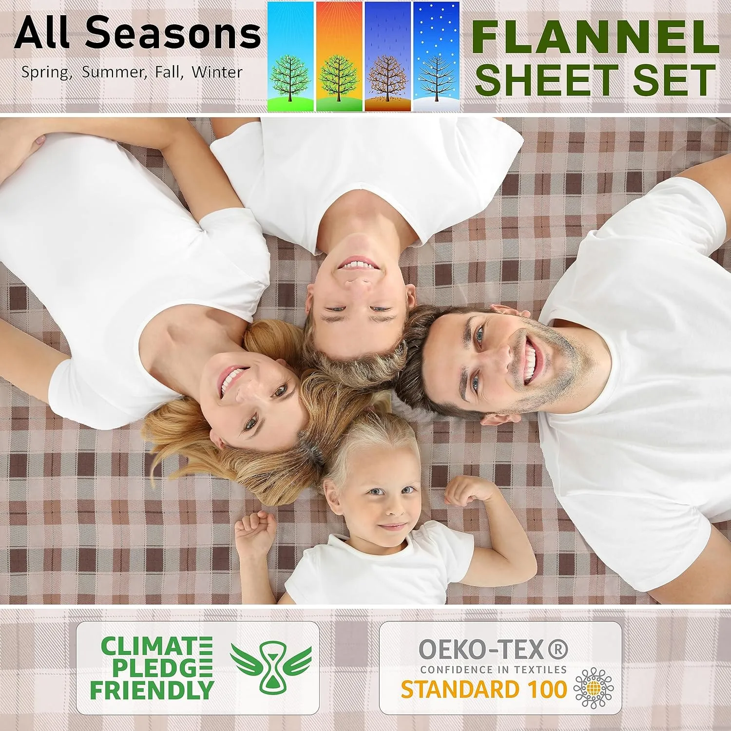 RUVANTI Flannel Sheets Queen Size - 100% Cotton Double Brushed Bed Sheets, Deep Pockets 16 Inches Queen Sheet Set, All Seasons Breathable & Extra Soft - Warm & Cozy, 4 Piece, Beige & Grey Plaid