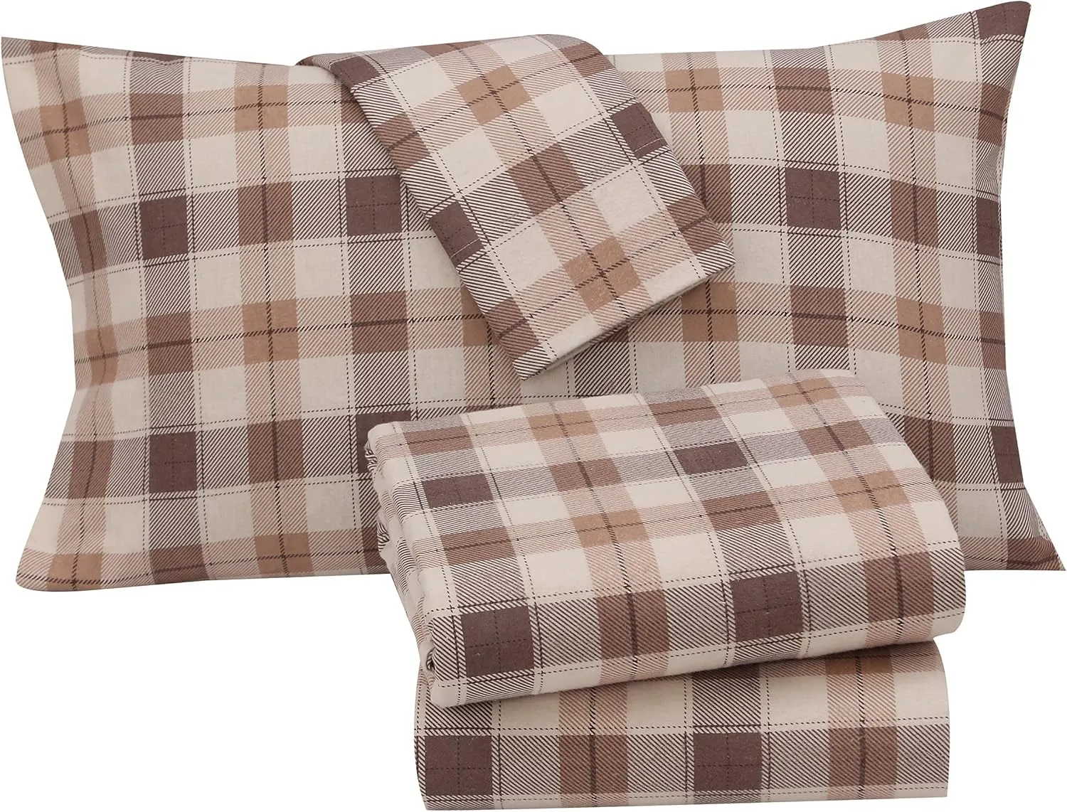 RUVANTI Flannel Sheets Queen Size - 100% Cotton Double Brushed Bed Sheets, Deep Pockets 16 Inches Queen Sheet Set, All Seasons Breathable & Extra Soft - Warm & Cozy, 4 Piece, Beige & Grey Plaid