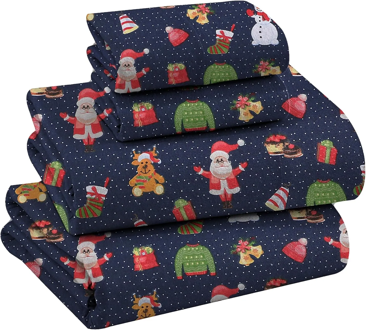 RUVANTI Flannel Sheets Queen Size - 100% Cotton Double Brushed Bed Sheets, Deep Pockets 16 Inches Queen Sheet Set, All Seasons Breathable & Extra Soft - Warm & Cozy, 4 Piece, Christmas Eve