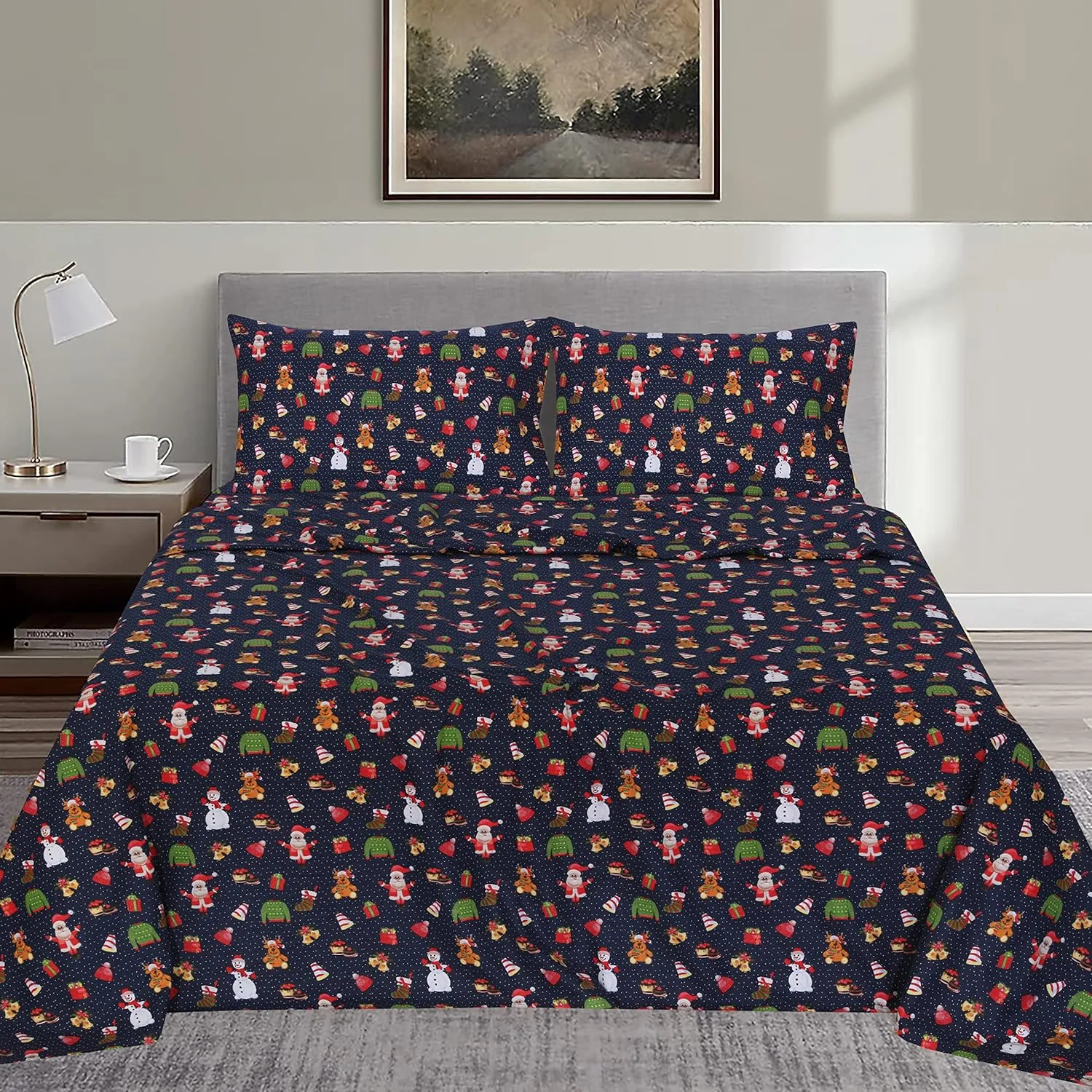 RUVANTI Flannel Sheets Queen Size - 100% Cotton Double Brushed Bed Sheets, Deep Pockets 16 Inches Queen Sheet Set, All Seasons Breathable & Extra Soft - Warm & Cozy, 4 Piece, Christmas Eve