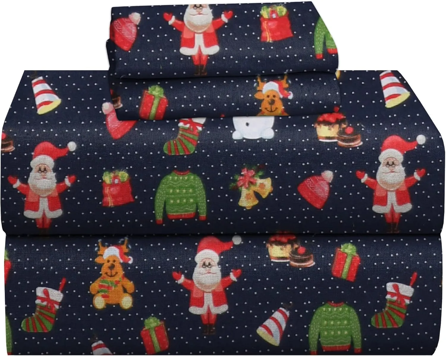 RUVANTI Flannel Sheets Queen Size - 100% Cotton Double Brushed Bed Sheets, Deep Pockets 16 Inches Queen Sheet Set, All Seasons Breathable & Extra Soft - Warm & Cozy, 4 Piece, Christmas Eve