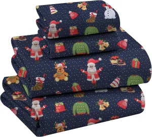 RUVANTI Flannel Sheets Queen Size - 100% Cotton Double Brushed Bed Sheets, Deep Pockets 16 Inches Queen Sheet Set, All Seasons Breathable & Extra Soft - Warm & Cozy, 4 Piece, Christmas Eve