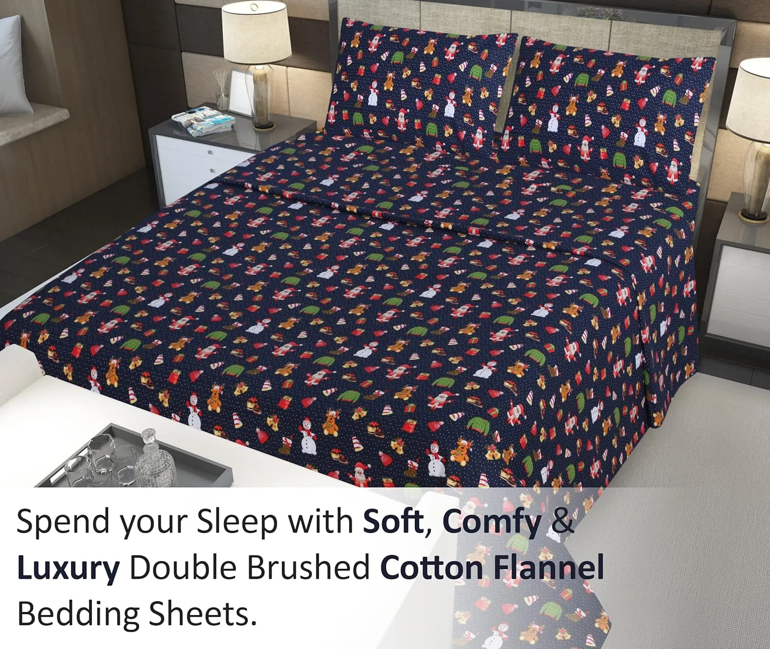 RUVANTI Flannel Sheets Queen Size - 100% Cotton Double Brushed Bed Sheets, Deep Pockets 16 Inches Queen Sheet Set, All Seasons Breathable & Extra Soft - Warm & Cozy, 4 Piece, Christmas Eve