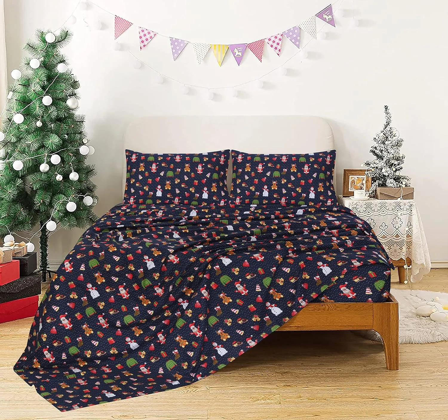 RUVANTI Flannel Sheets Queen Size - 100% Cotton Double Brushed Bed Sheets, Deep Pockets 16 Inches Queen Sheet Set, All Seasons Breathable & Extra Soft - Warm & Cozy, 4 Piece, Christmas Eve