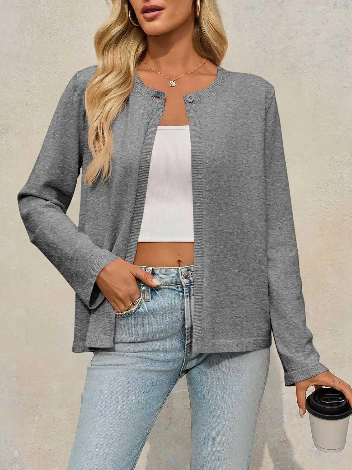Saodimallsu Womens Lightweight Cardigans Open Front Long Sleeve One Button Casual Crewneck Loose Knit Shrug Sweater