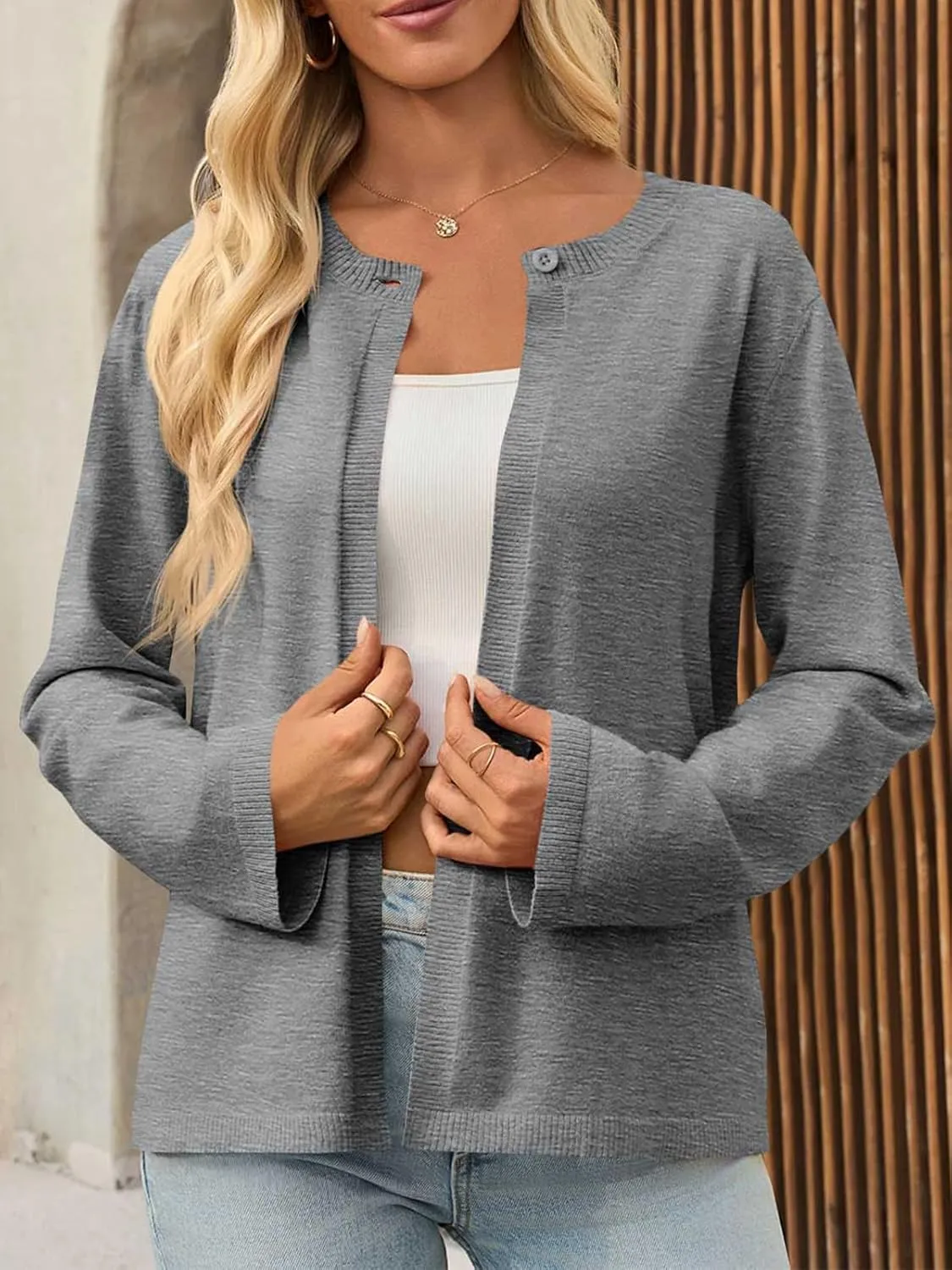 Saodimallsu Womens Lightweight Cardigans Open Front Long Sleeve One Button Casual Crewneck Loose Knit Shrug Sweater