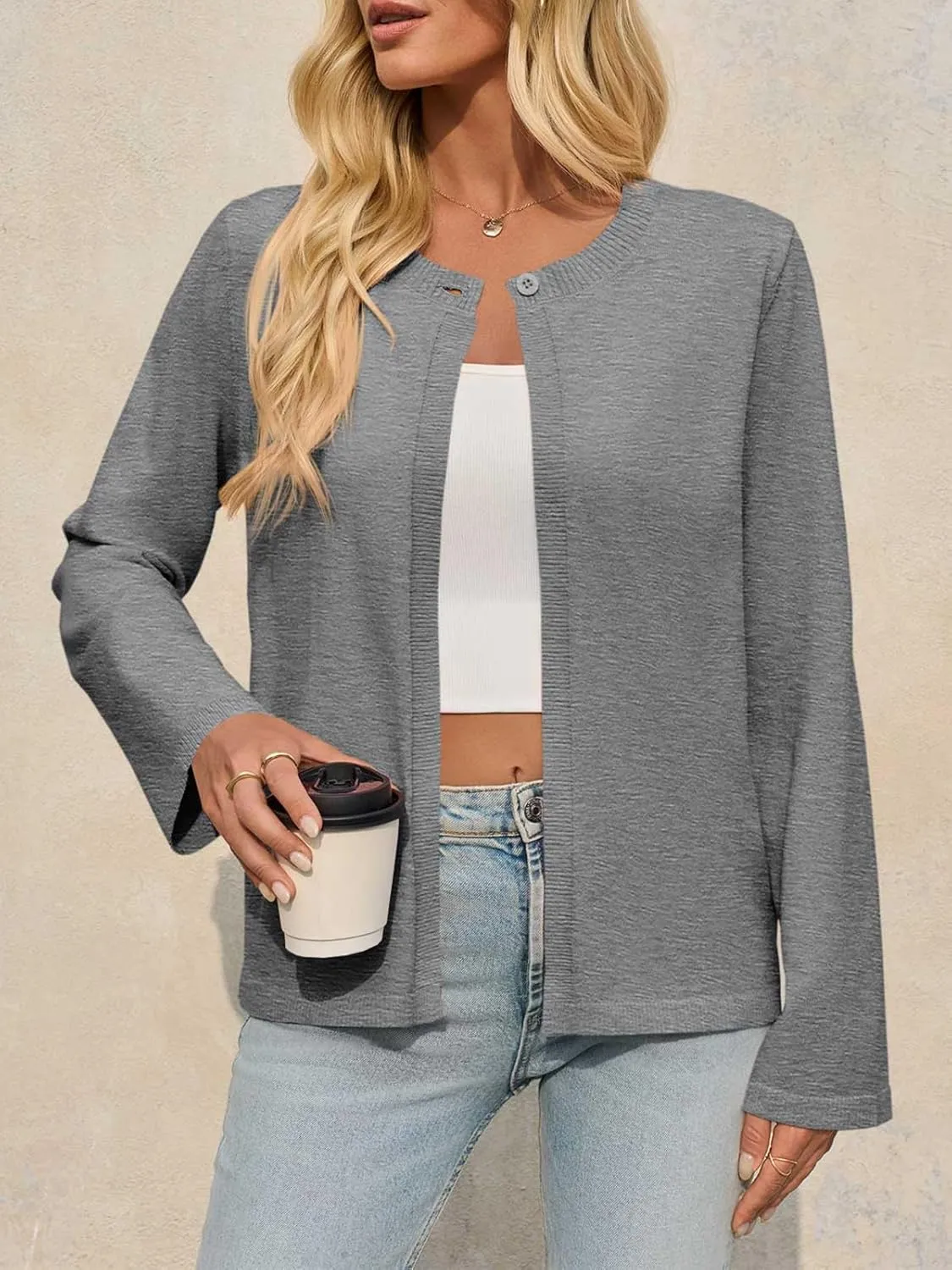 Saodimallsu Womens Lightweight Cardigans Open Front Long Sleeve One Button Casual Crewneck Loose Knit Shrug Sweater