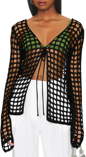 Saodimallsu Womens Long Sleeve Swimsuit Coverup Crochet Hollow Out Tie Front Swim Cover Up Knit Cardigan
