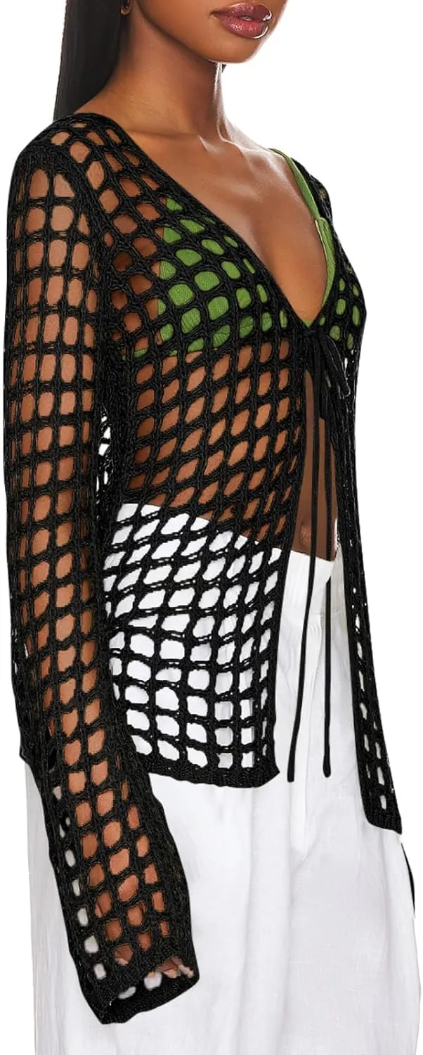 Saodimallsu Womens Long Sleeve Swimsuit Coverup Crochet Hollow Out Tie Front Swim Cover Up Knit Cardigan