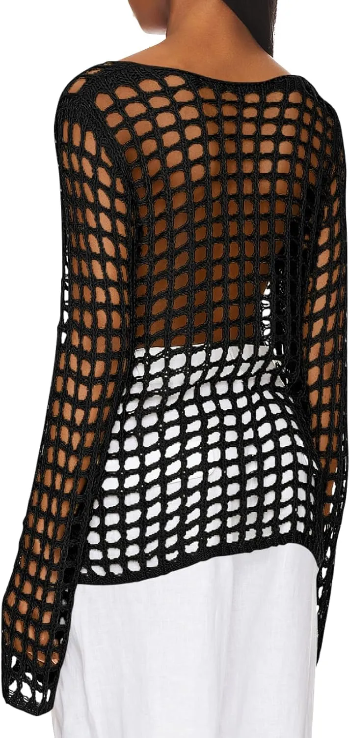 Saodimallsu Womens Long Sleeve Swimsuit Coverup Crochet Hollow Out Tie Front Swim Cover Up Knit Cardigan